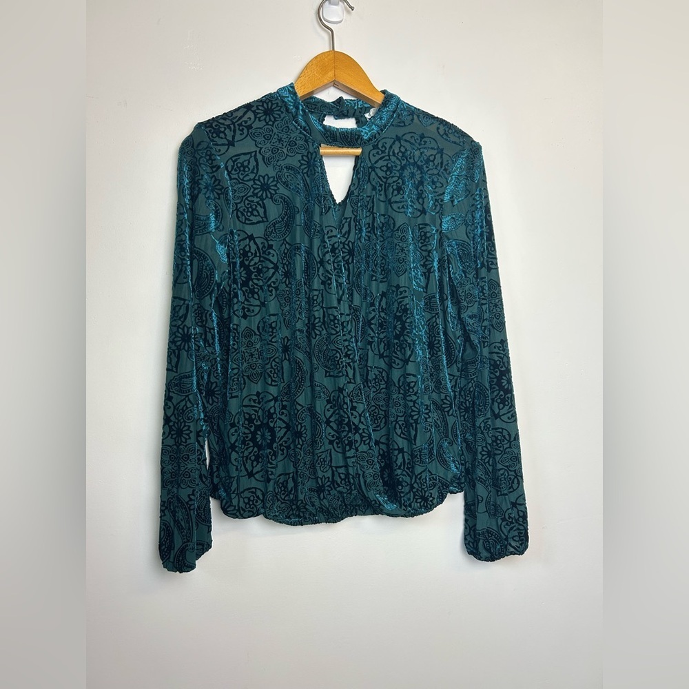Finn & Grace teal Blue Velvet Burn Out‎ Paisley Fabric Size S goth fairy Top